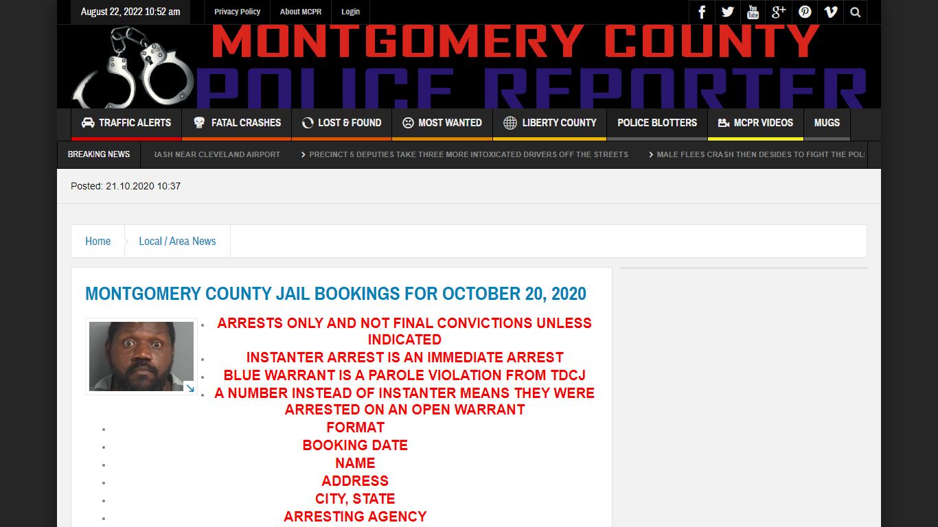 MONTGOMERY COUNTY JAIL BOOKINGS FOR OCTOBER 20, 2020